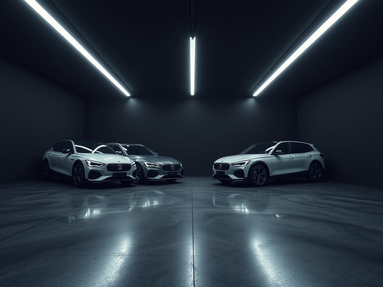 A row of cars in a dark showroom beneath a continuous line of overhead light bars