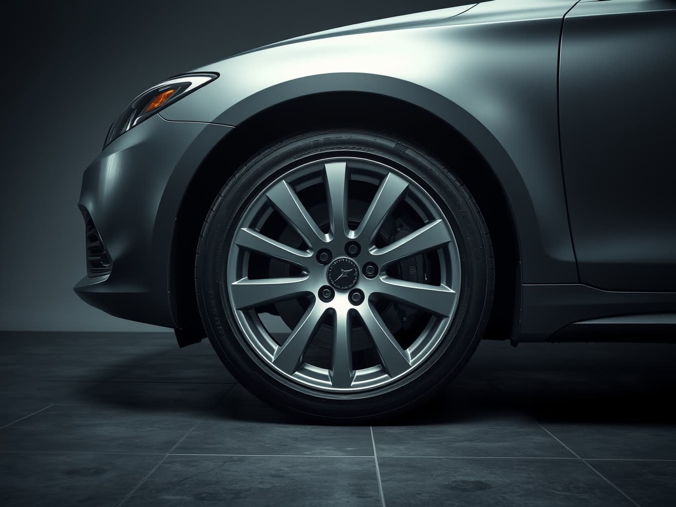 A clean multi-spoke alloy wheel and low-profile tyre on a dark car