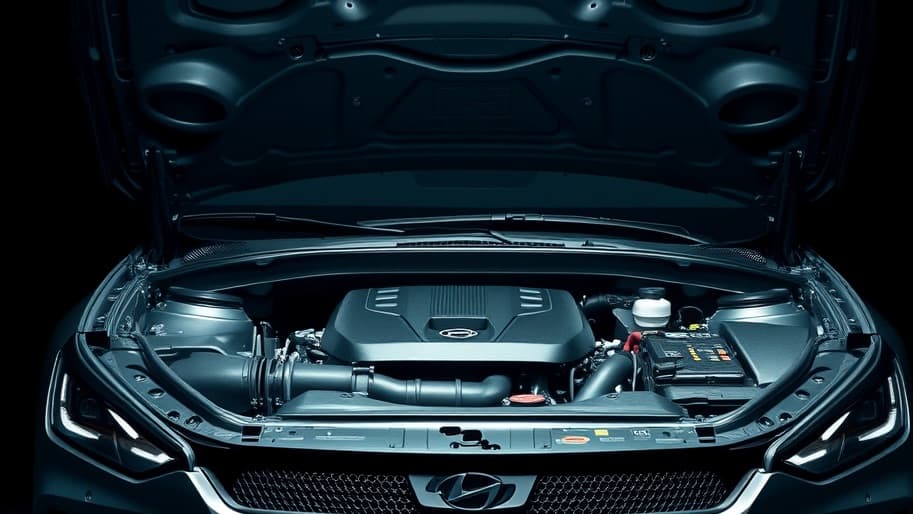 A clean modern engine bay under a hard overhead light